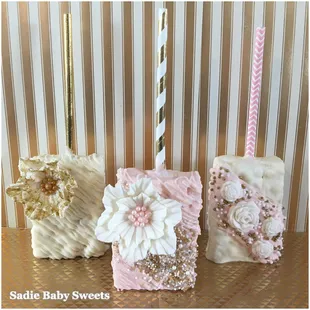 Pink and Gold Chocolate Covered Rice Krispies Treats With Fondant Flowers