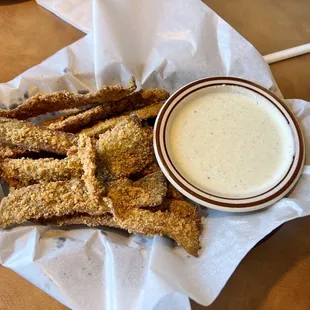 Fried green chili appetizer with ranch dressing.