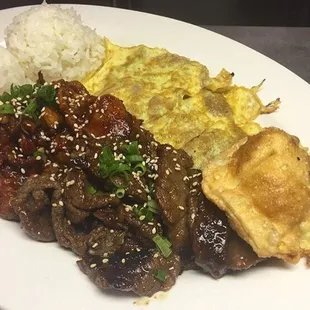 Combo B - Spicy Pork, BBQ Beef, Meat Jun, And Mandoo