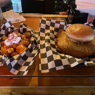 Loaded tots and Sadler cheese skirt burger.