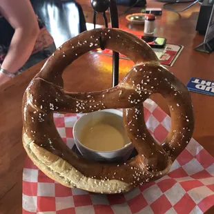 Huge Bavarian Soft Baked Salted Pretzel with homemade PBR Cheese Sauce