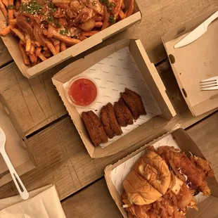 Kimchi-style fries (top), shrimp toast (middle), and k-chicken sando (bottom)