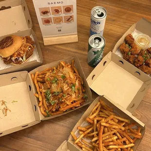 Chicken sandwich, kimchi fries, fries, chicken nuggets
