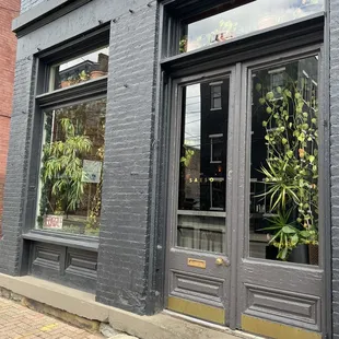 the entrance to a restaurant