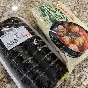 a package of noodles and a bag of black beans