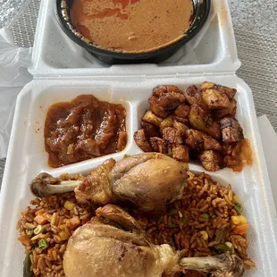 chicken, rice, beans, and sauce
