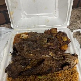 Lamb, jollof rice and Plantain