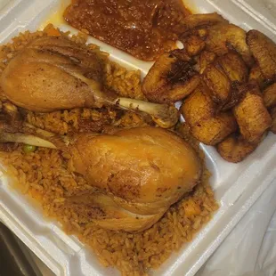 Chicken with jolof rice and plantains
