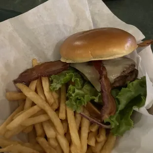 Bacon cheeseburger and fries