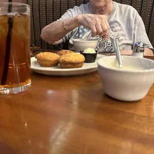 Complimary Soup (Potato) and Corn Bread Muffins