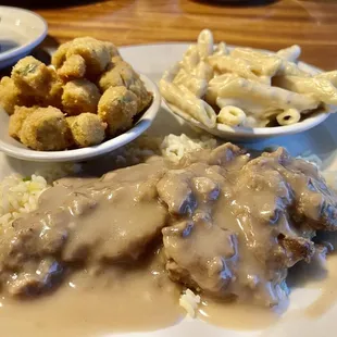 Country style steak, fried okra, and Gouda Mac and cheese lunch special