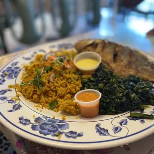 Fried Fish, rice and mixed greens