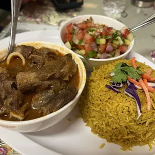 goat curry with pilau and kachumbari