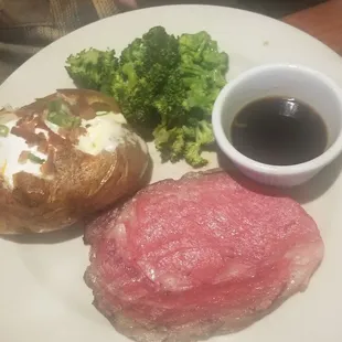 Prime rib, broccoli and loaded baked potato (husband loved it)