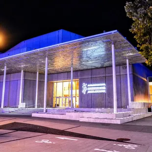 Front entrance at night.