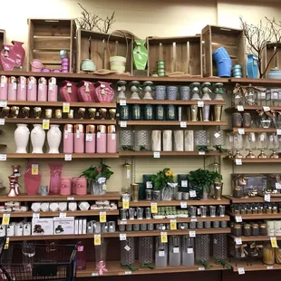 a variety of decorative items on shelves