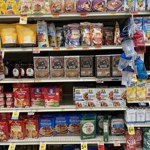 a grocery store shelf full of food