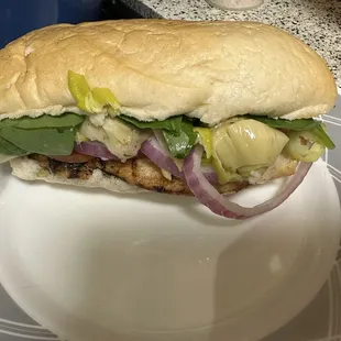 Safeway deli sandwich regular size with grilled chicken and garlic sauce and lots of veggies