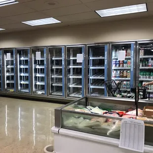 All of the refrigerated sections are mostly empty.