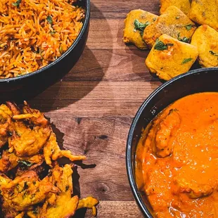 Shrimp biryani, paneer pakora, vegetable pakora, chicken coconut curry