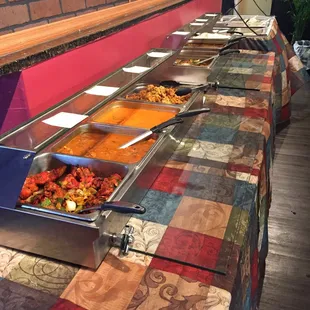 Tried the lunch buffet today. $10.99 Tandoom Chicken Curry Chicken Butter Chicken  Aloo Pakora  Zucchini Squash Mutter Paneer Dal Rice