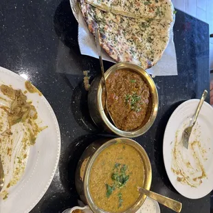 Dahl, eggplant dish and potato nan! We also ordered the raita and mixed pickles. Everything tasted homemade.
