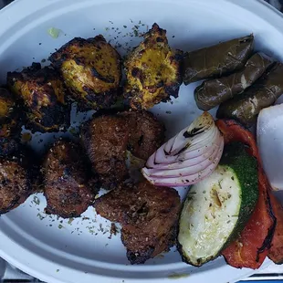 Chicken (upper) and lamb (lower) mixed kabob plate ... $28.99 ... with grilled onion, zucchini, red pepper, and carrot