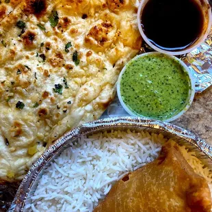 Veggie Samosa. Basmati Rice. Garlic &amp; Chilli Naan (spicy ).