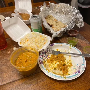 Vegetable Korma (comes w/ rice), Vegetable Samosa, Garlic Naan