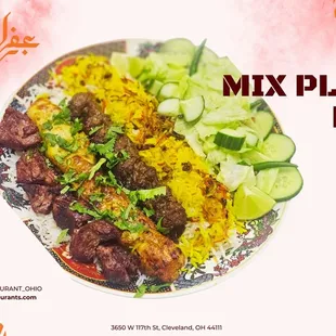 One skewer each, chicken, shami &amp; Tika
kabob, marinated in special herbs and
spices. Served with Saffron rice &amp; Salad