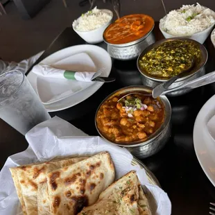 Garlic Naan, Shrimp Tikka Masala, Saffron Chicken Lazeez, Channa Masala