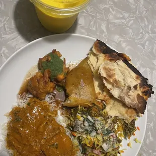 Mango Lassi, Lamb Biryani, Goan Fish Curry, Cheese Naan