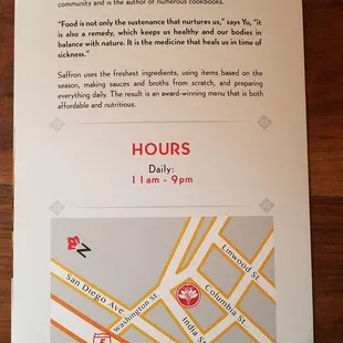 Menu, Hours and Directions