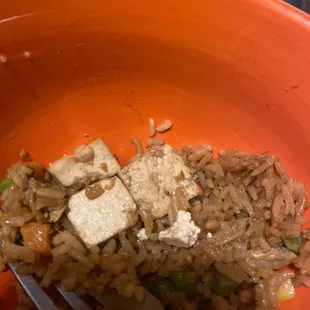 Dirty Rice (Tofu) with $4 of &quot;extra veggies&quot; aka a few tendrils of frozen pellets.