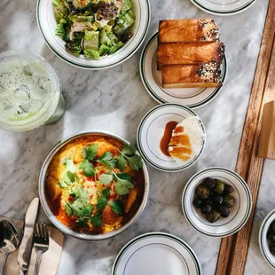 Arabic breakfast with a matcha latte