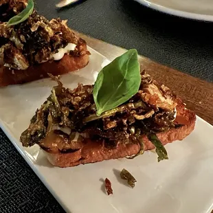 Bruschetta with goat cheese, crispy Brussels sprouts, honey and more - it was DELICIOUS