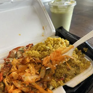 Cabbage &amp; chicken with a side of rice and a mango smoothie