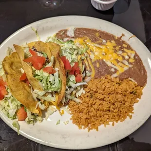 San Juan style Tacos, refried beans, Spanish rice.