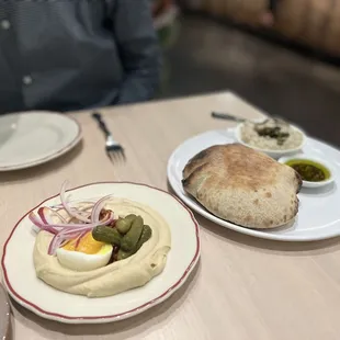 Soft boiled egg hummus, pita, babaganoush