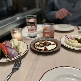 Crudités, whipped feta with fig, soft boiled egg hummus