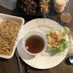 10. Filet Mignon, rice, noodles, veggies, meat, soup and salad