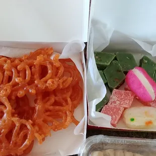 Desi ghee Jalebi, mixed barfi and chum chum.