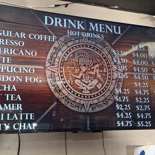 Hot drinks menu