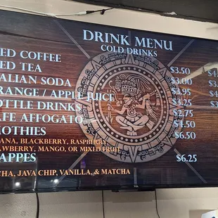 Cold drinks menu