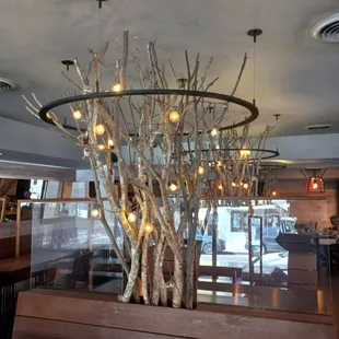 a large chandelier made of branches and lights