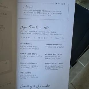 Specialty drink menu