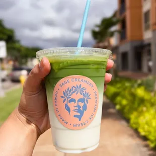 Iced matcha latte with pikake syrup