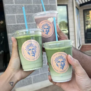 matcha lattes &amp; ube latte with ice cream inside