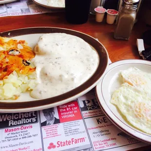 Sausage gravy and biscuits, 2 over easy eggs. Amazing.
