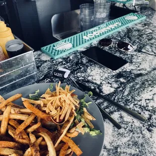 Fries and a black bean burger with no bun